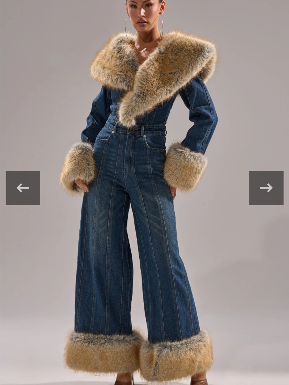 AKIRA Denim Wide-Leg Jumpsuit with Faux Fur Trim - Blue & Tan